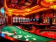 Experience the excitement of gambling at a luxurious casino showcasing gg.92 slot machines and gaming tables.