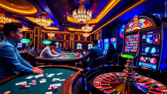 Players enjoying a lively casino experience at L567, featuring vibrant gaming tables and slot machines.