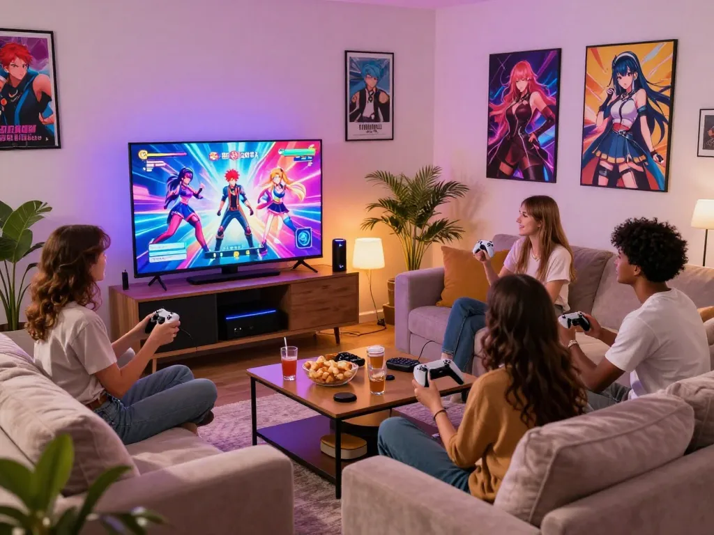 Exciting group gaming session playing a hentai game in a cozy living room.