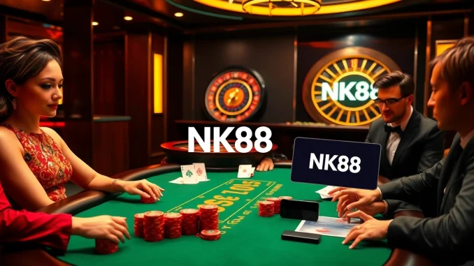 Players engaging at a stylish poker table in a luxury casino setting with NK88 branding.