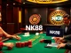 Players engaging at a stylish poker table in a luxury casino setting with NK88 branding.