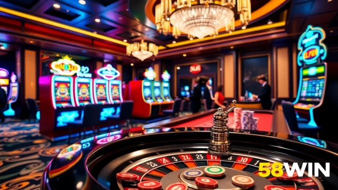 Experience the thrilling atmosphere at 58WIN casino with vibrant slot machines and roulette tables.