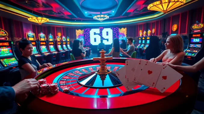 Jogadores participando de uma roleta de alto ritmo em um cassino luxuoso, destacando a emoção do 69T.
