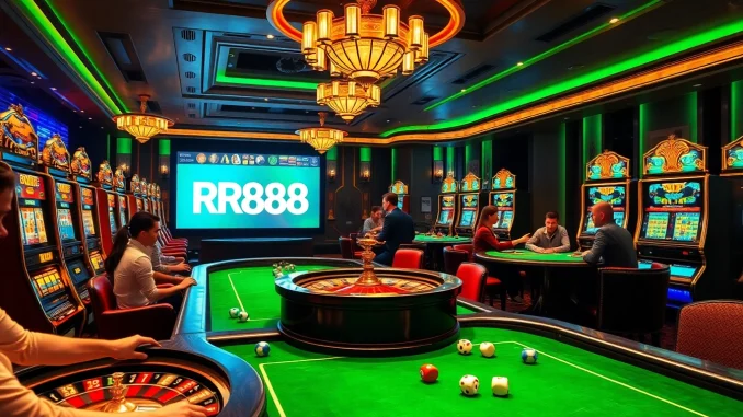 A thrilling RR88 casino scene showcasing poker tables, slot machines, and dynamic gaming action.