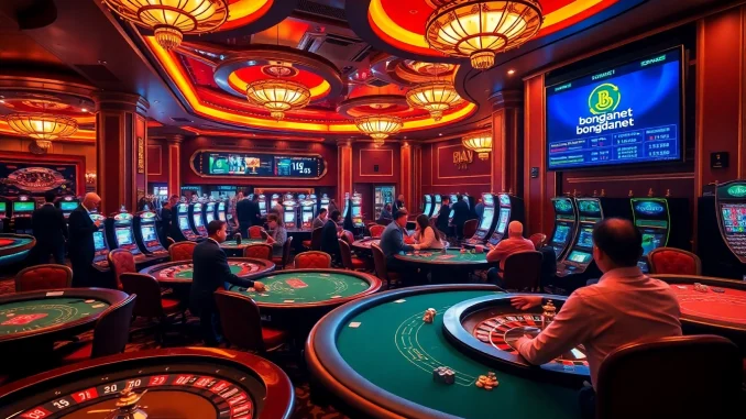 Bongdanet enhances your betting experience with a lively casino scene filled with poker tables, roulette wheels, and dynamic players.