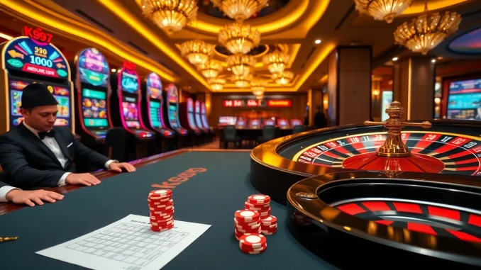 Jogadores do cassino K997 participam de uma mesa de pôquer vibrante enquanto apreciam emocionantes máquinas caça-níqueis.