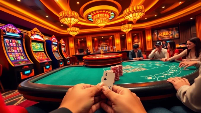 Excited players enjoying online gambling with RR88, featuring luxurious visuals and vibrant action.