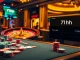 Engaged players betting with excitement at 7hh's luxurious poker table and roulette wheel.