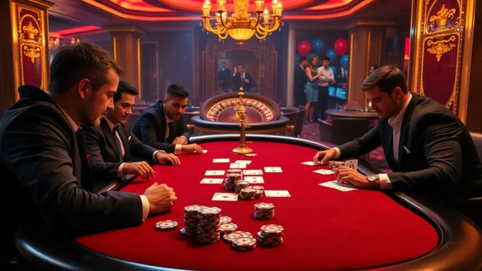 Winning players engage in an intense poker game at mb66 casino, showcasing excitement and luxury.