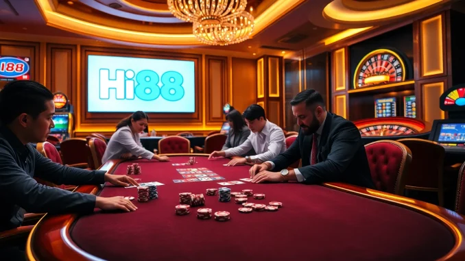 Players enjoying a high-stakes game at Hi88 casino, surrounded by vibrant poker chips and cards.