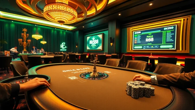 RR88 players enjoying an exciting poker game at a luxurious casino table.