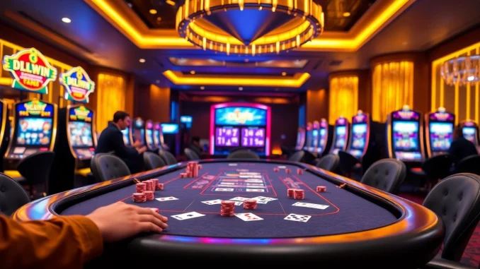 Players enjoy table games at DW8, surrounded by vibrant casino visuals and dynamic betting options.