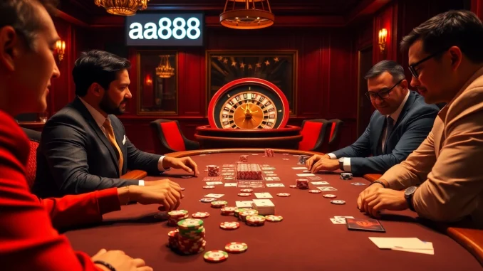 Participe de um emocionante jogo de pôquer em um cassino de luxo, exibindo aa888 com fichas vibrantes e cartas.
