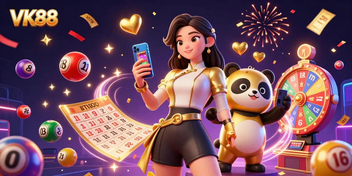 Join the excitement at VK88 with a vibrant illustration showcasing casino games and celebration.