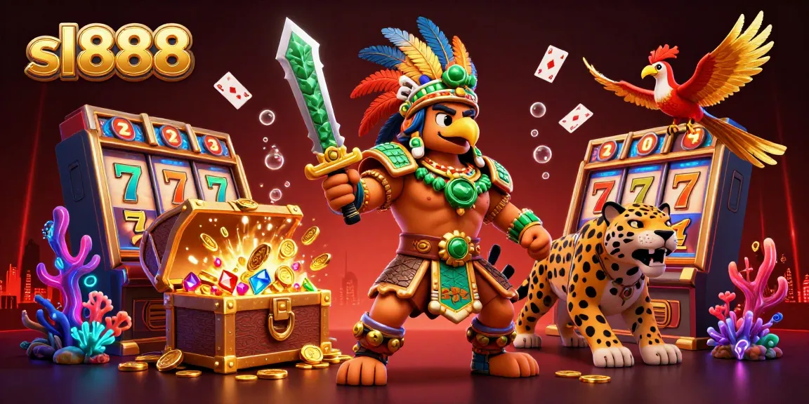 Experience the thrills of sl888 with a vibrant 3D casino scene featuring dynamic characters and slot elements.
